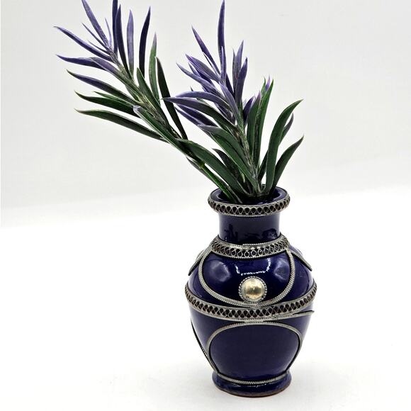 Moroccan Vase Blue Silver Filigree Boho Romantic Art Decor Vintage Style 4.75H - Picture 1 of 6